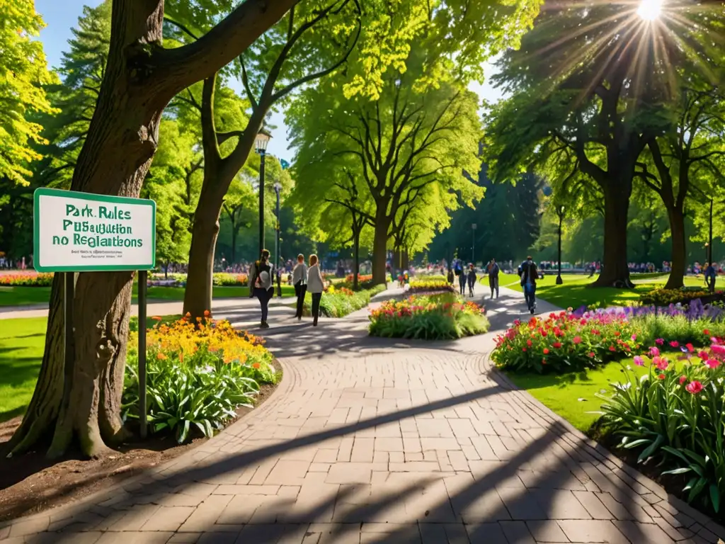 Un paseo panorámico por un exuberante parque público con senderos entre flores y árboles