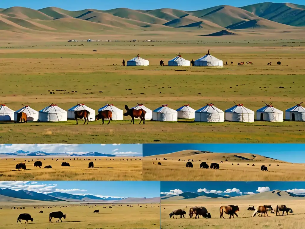 Pastizales dorados de Mongolia, yurtas y pastores nómadas bajo un cielo azul