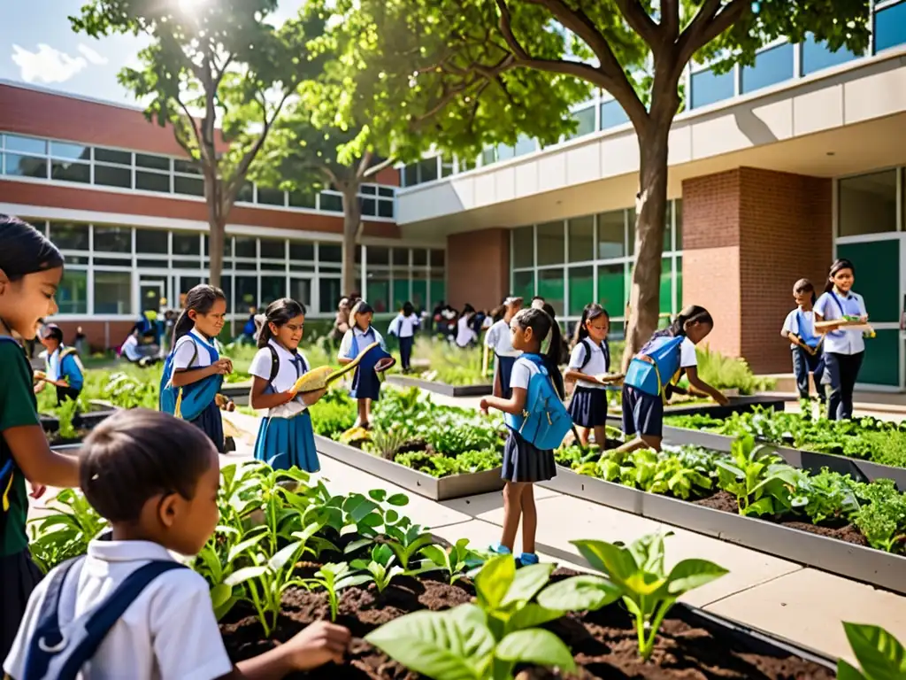 Patios escolares verdes: escuela sostenible con educación ambiental y diversa vegetación