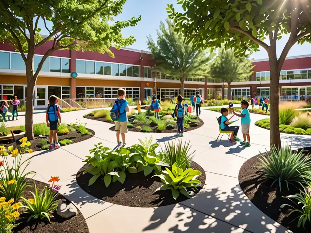 Patios escolares verdes: escuela vibrante con niños jugando en jardín, hábitat natural y área de conservación del agua