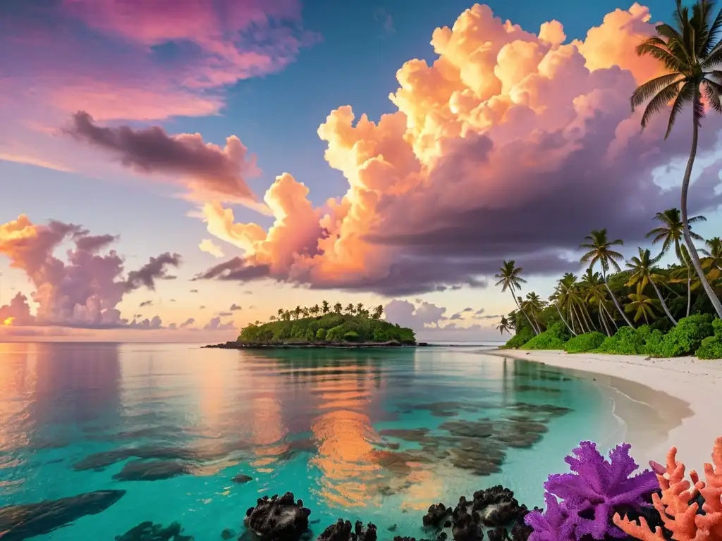 Pequeña isla del Pacífico con aguas turquesa, coral colorido y atardecer vibrante