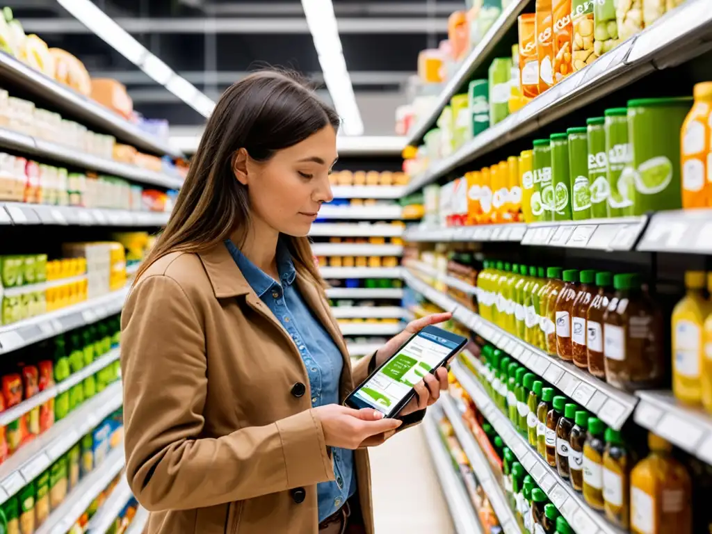 Una persona examina detenidamente la ecoetiqueta de un producto en un supermercado moderno y bien iluminado