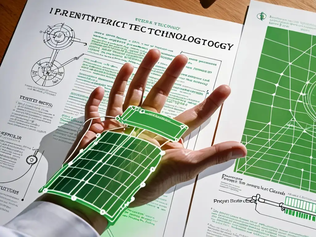 Persona examina detenidamente patente de tecnologías limpias con prototipos de energía renovable, mostrando importancia de protección legal