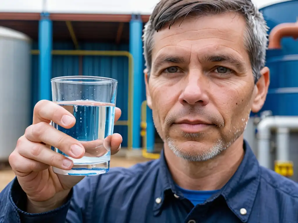 Persona sosteniendo vaso de agua con expresión seria, detrás planta de tratamiento de agua