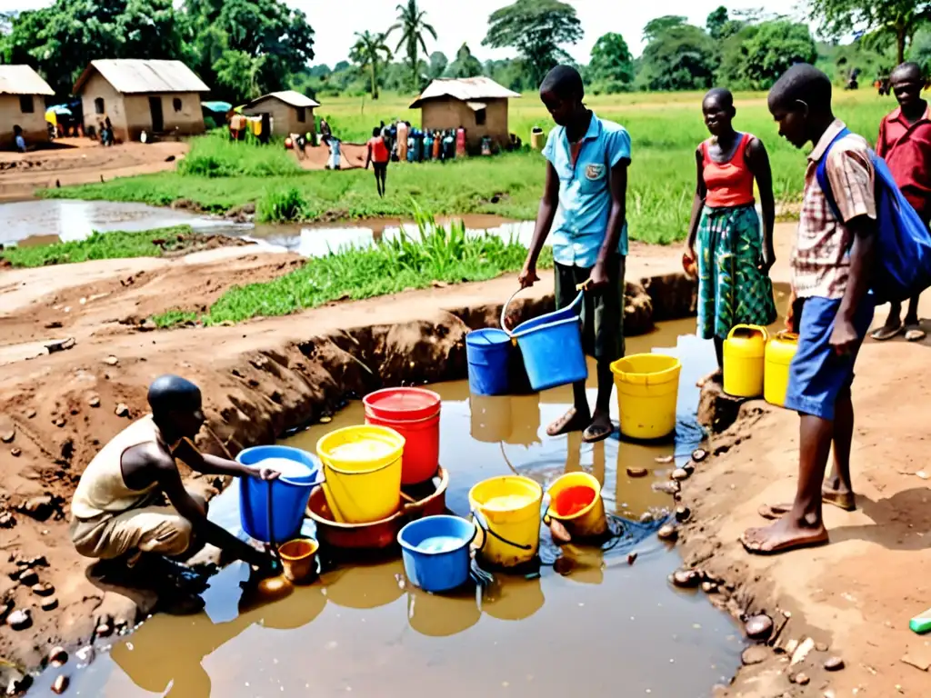 Personas recolectando agua contaminada en zona rural, ilustrando la urgencia de políticas públicas para prevenir enfermedades transmitidas por el agua