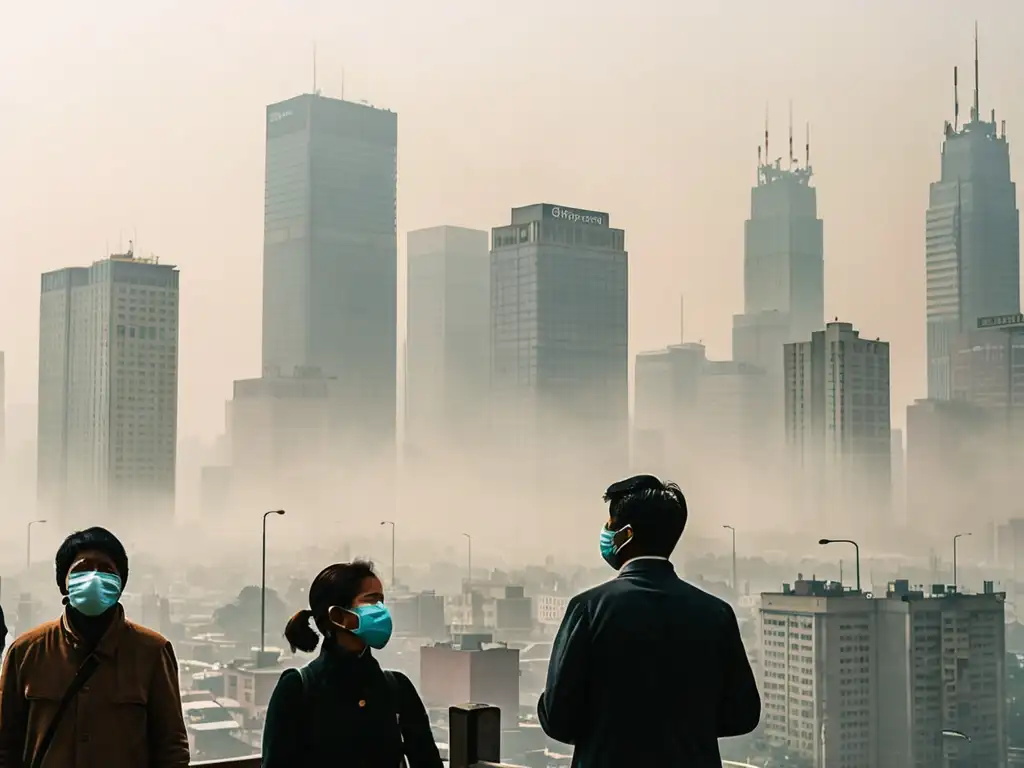 Personas con máscaras luchan por ver la ciudad envuelta en smog