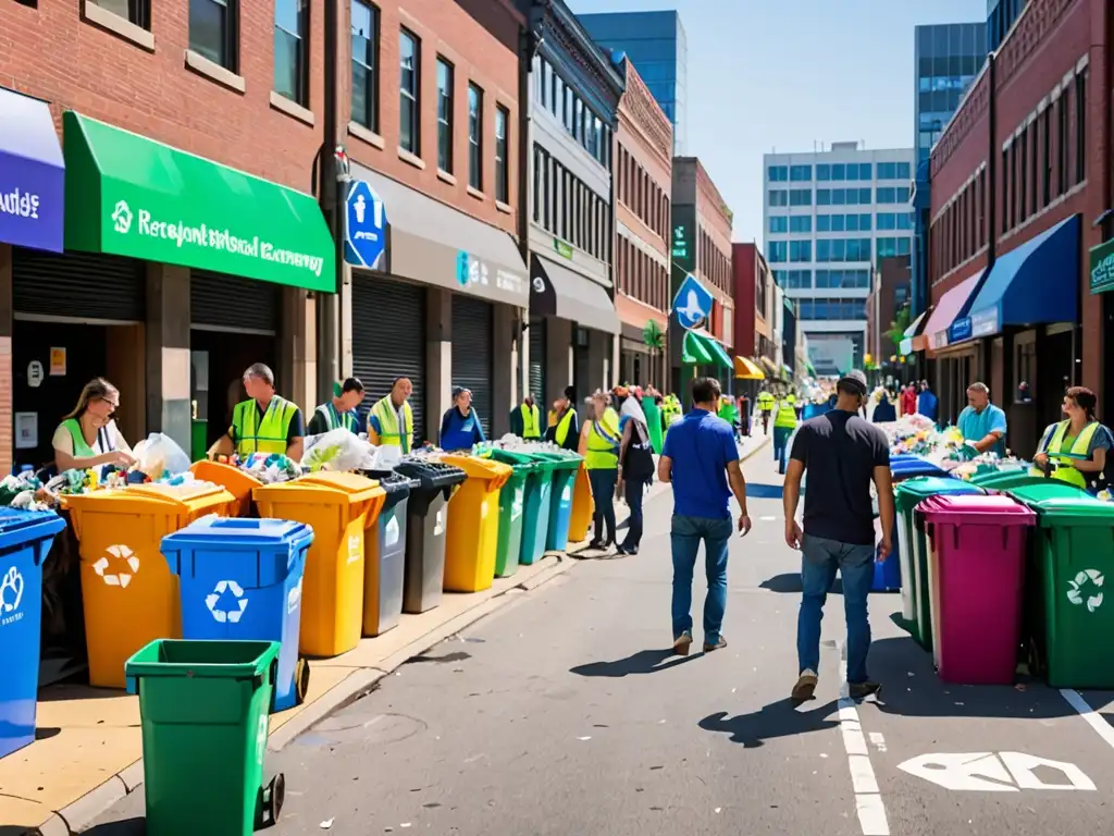 Personas clasificando materiales reciclables en la calle de una ciudad bulliciosa, con una planta de reciclaje moderna al fondo, representando la intersección de legislación, reciclaje y economía circular a nivel internacional