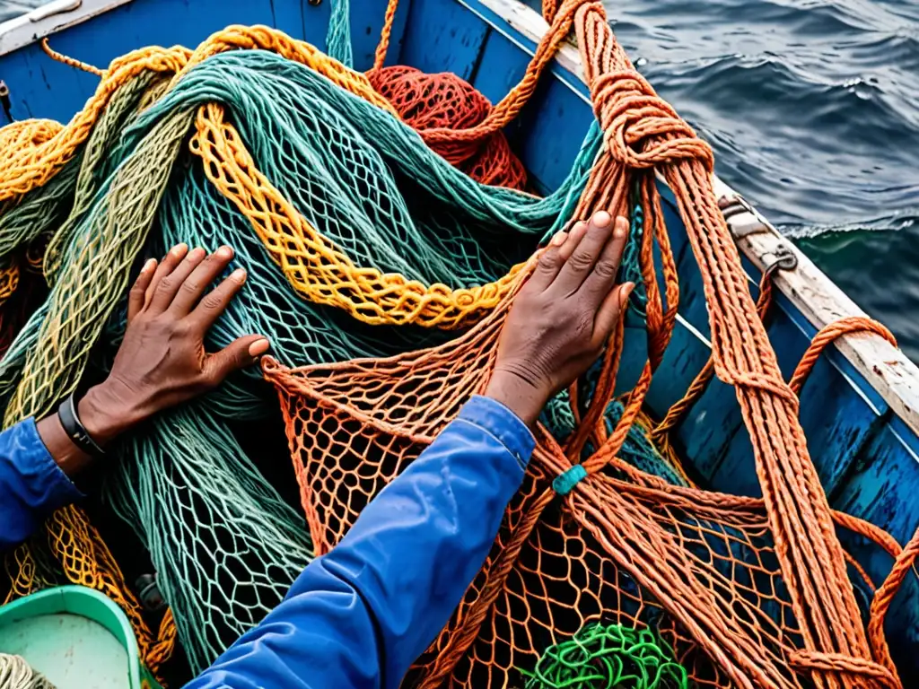 Pescadores trabajan en barco, recogiendo diversas especies marinas