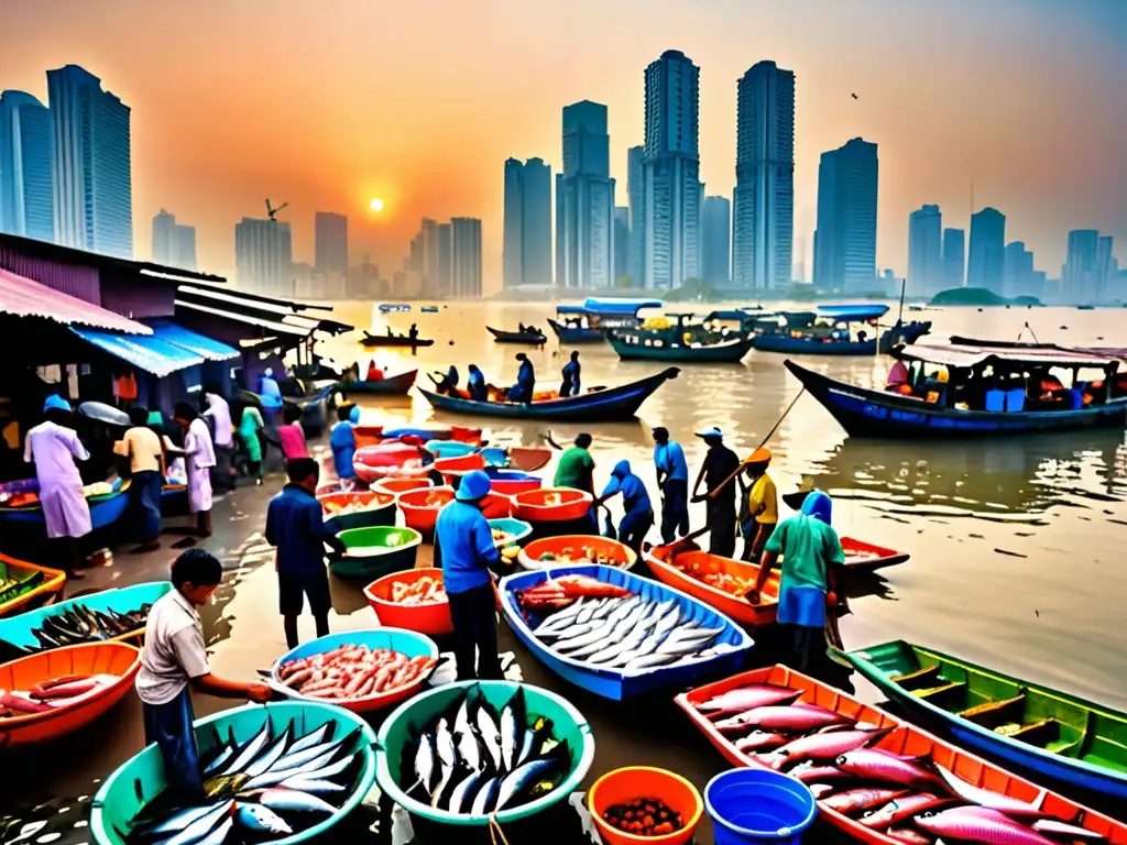 Pescadores descargando su captura en un bullicioso mercado de pescado en Asia, entre edificios tradicionales y rascacielos modernos