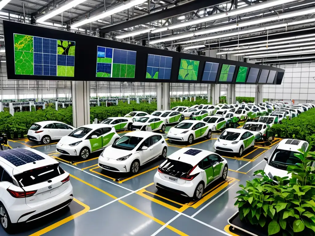 Planta automotriz moderna cumpliendo regulaciones emisiones carbono industria automotriz, con trabajadores ensamblando vehículos eléctricos y pantalla digital mostrando datos