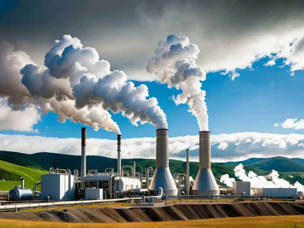 Una planta de energía geotérmica se alza entre colinas verdes y cielos azules