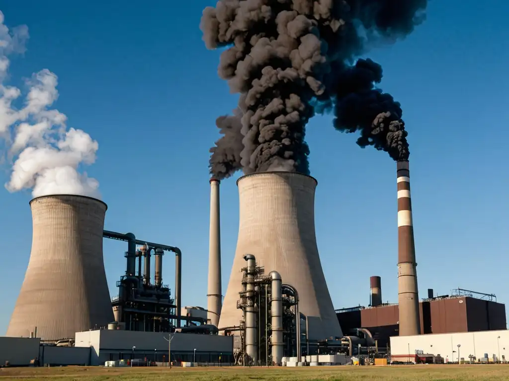 Planta de energía emitiendo humo negro, contrastando con el cielo azul