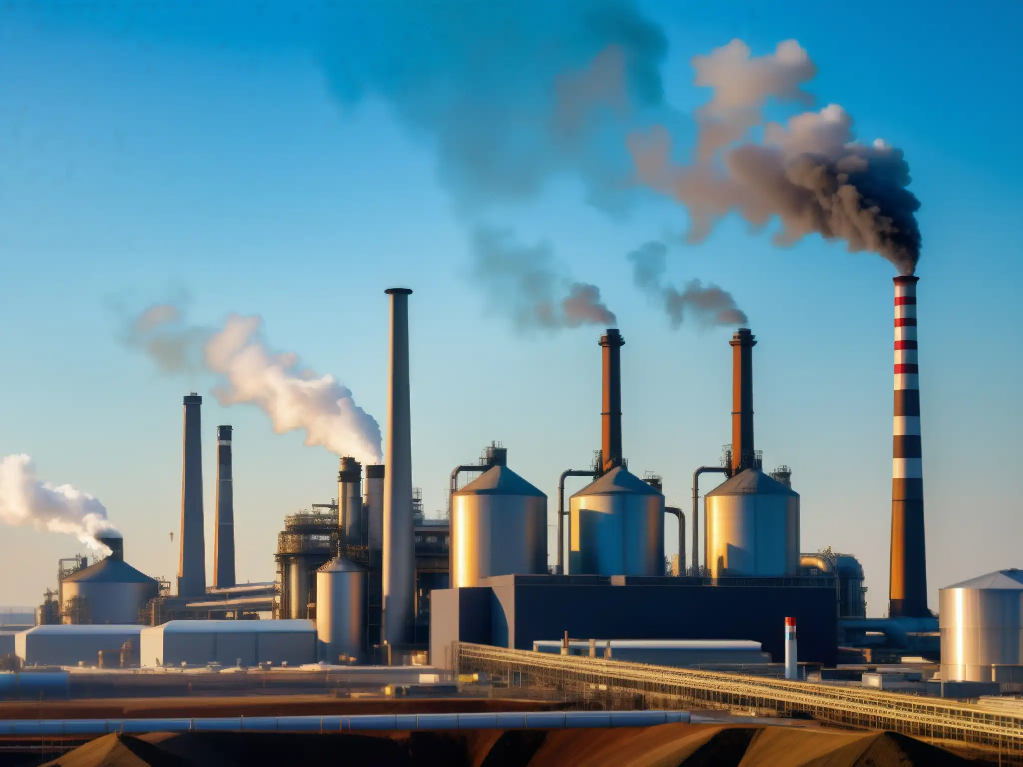 Una planta industrial activa con humeantes chimeneas contra un cielo azul