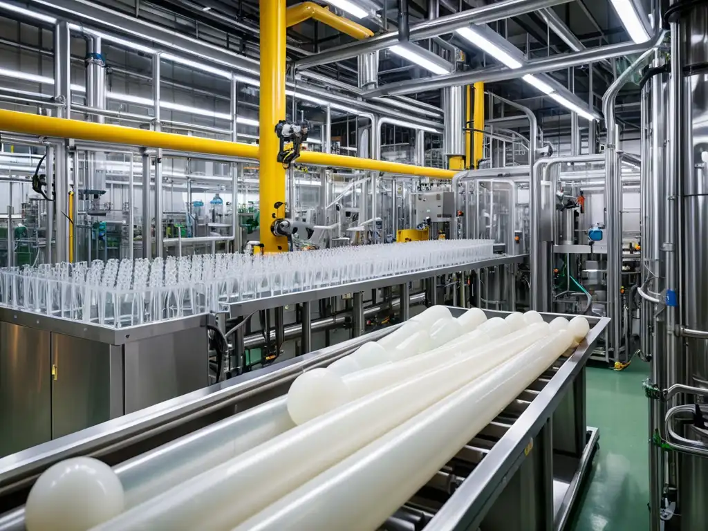 Producción de bioplásticos en una planta industrial, con maquinaria compleja y trabajadores