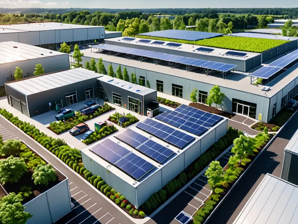 Una planta industrial moderna con paneles solares en los techos, prácticas ecológicas en primer plano y trabajadores comprometidos en métodos de producción sostenible en el fondo, simbolizando la integración de iniciativas verdes en el entorno corporativo