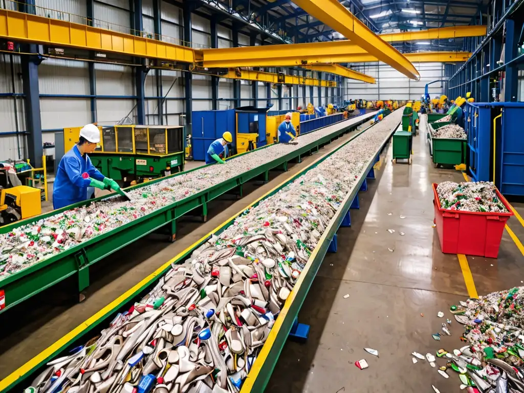 Planta industrial de reciclaje con trabajadores clasificando materiales