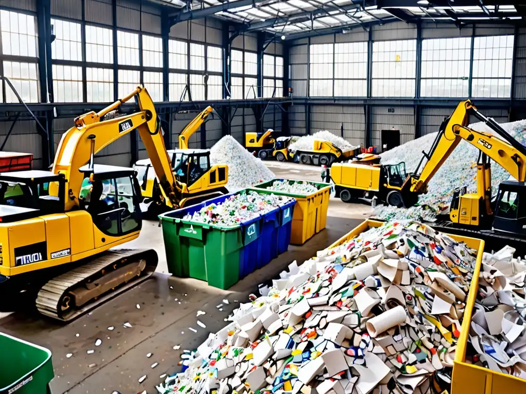 Planta de reciclaje activa con trabajadores ordenando materiales, maquinaria pesada procesando reciclables