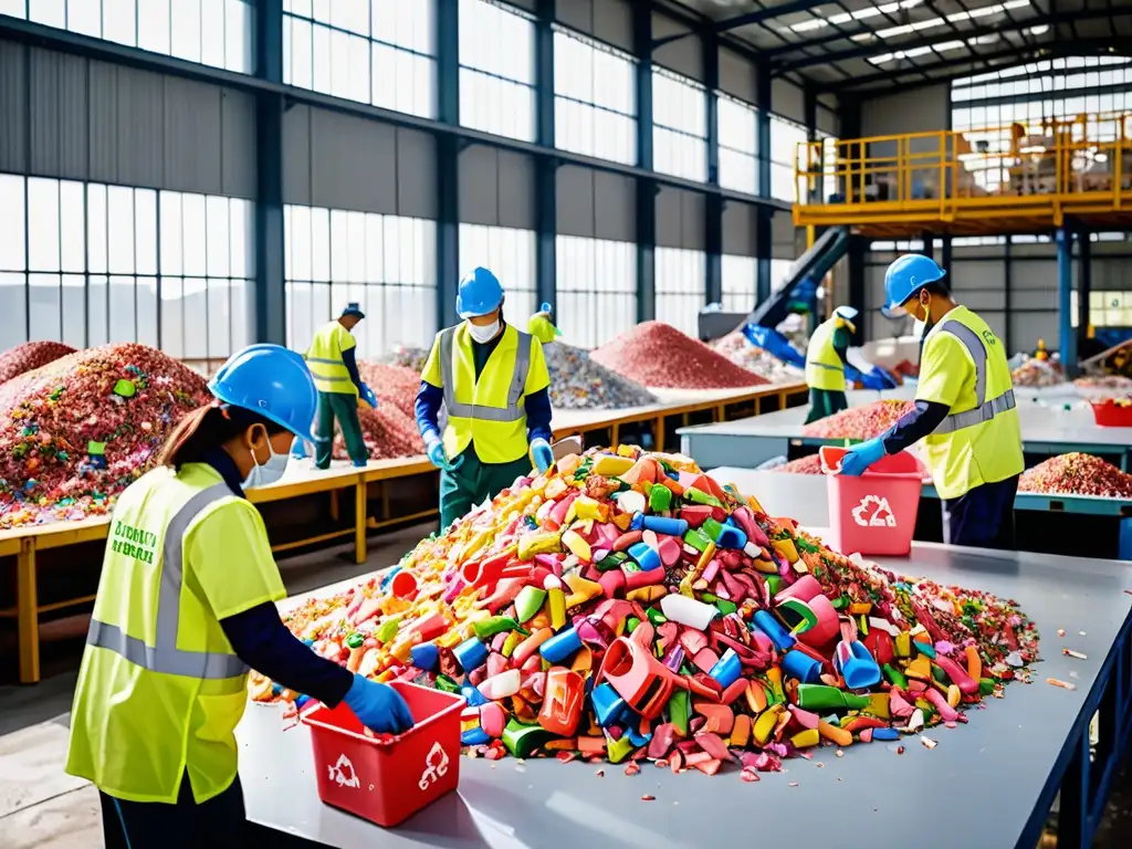 En una planta de reciclaje bulliciosa, los trabajadores separan bioplásticos coloridos