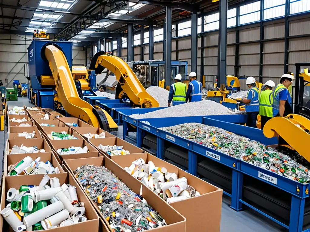 Planta de reciclaje moderna con trabajadores y maquinaria avanzada clasificando materiales