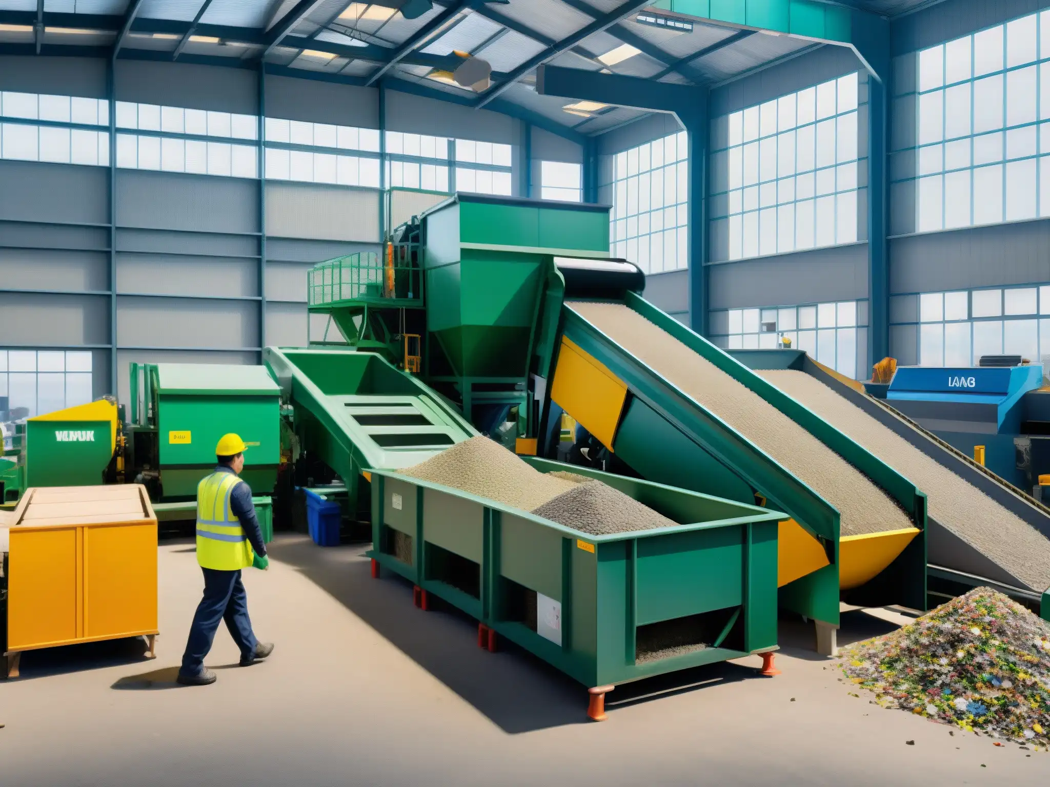 Planta de reciclaje moderna: tecnología avanzada y trabajadores eficientes Planta de reciclaje moderna con trabajadores y maquinaria de última generación, gestion legal residuos corporativos sostenibilidad