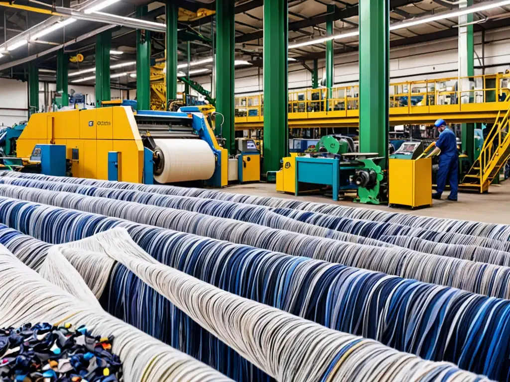 Una planta de reciclaje textil en pleno funcionamiento, resaltando la innovación de la economía circular en la industria, enfrentando retos legales