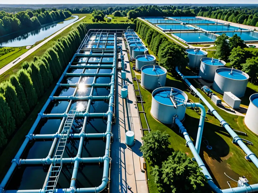 Planta de tratamiento de agua con paisaje natural y trabajadores supervisando el proceso, evocando implicaciones legales agua reciclada