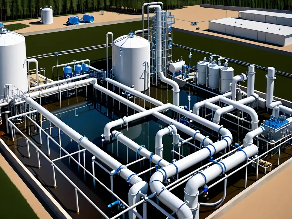 Una planta de tratamiento de agua de última generación muestra la red de tuberías, filtros y tanques de purificación con detalle