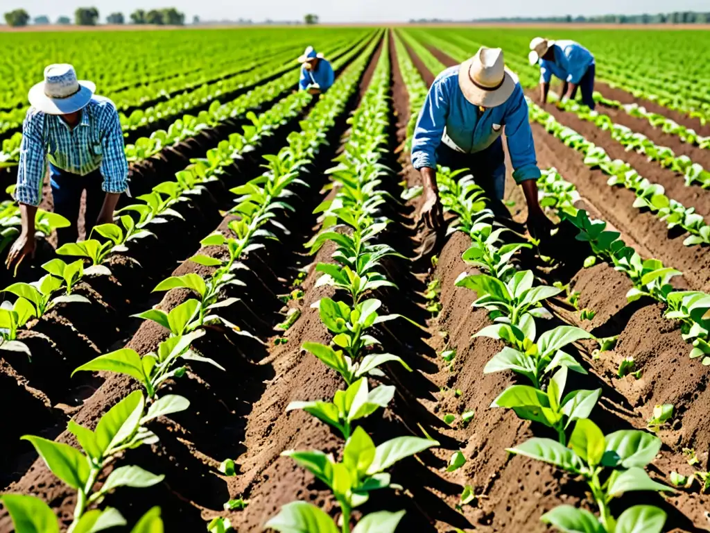 Plantas de soja modificadas genéticamente crecen en un campo extenso, con agricultores trabajando