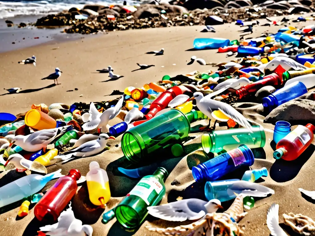 Playa contaminada por residuos plásticos con impacto en la vida marina