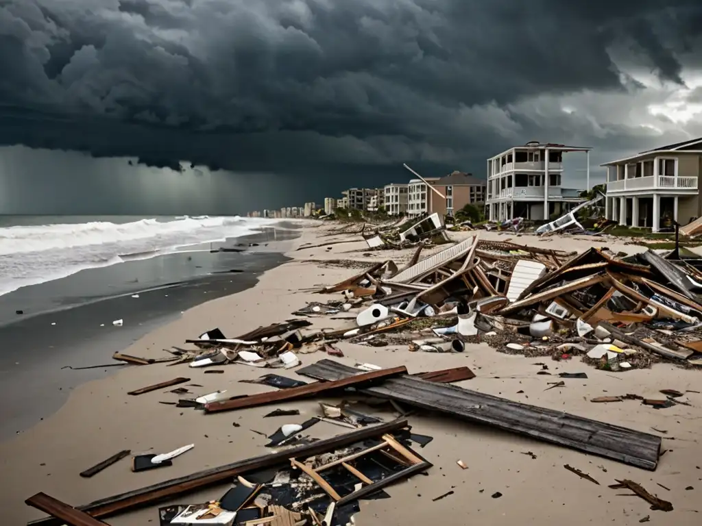 Playa devastada por desastre natural, escombros, edificios dañados y cielo ominoso