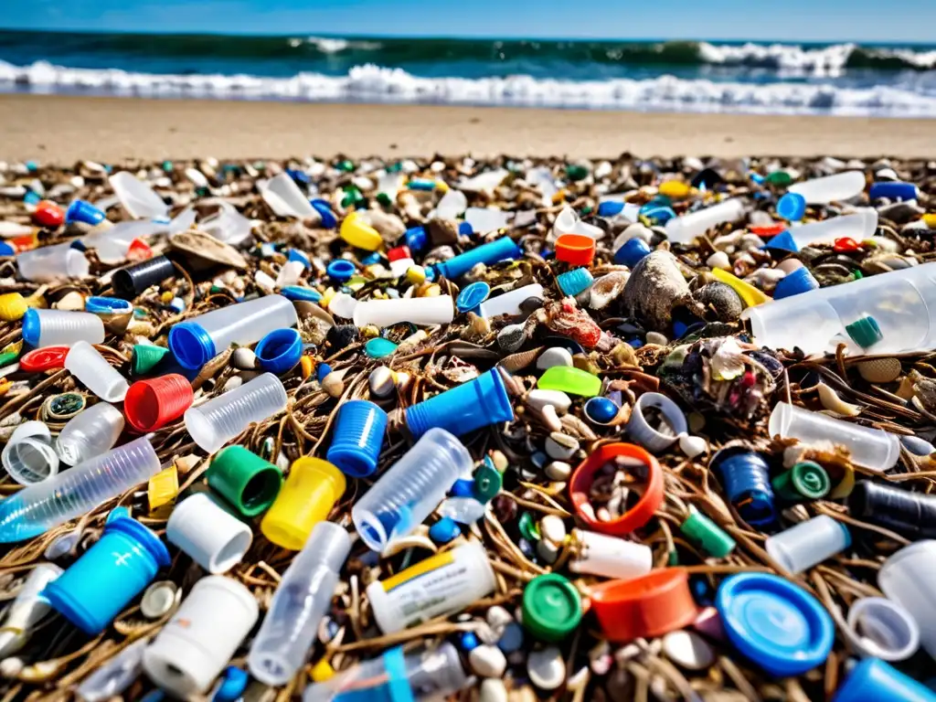 Playa llena de desechos plásticos con el mar de fondo, mostrando impacto ambiental