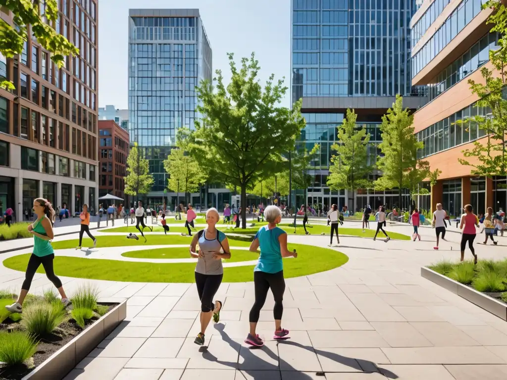 Plaza urbana sostenible con actividades físicas, diseño verde y arte público