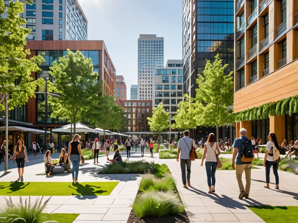 Plaza urbana sostenible con arte y vegetación