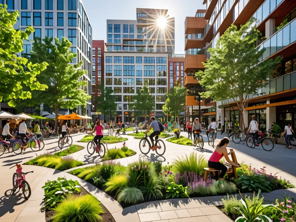 Una plaza urbana sostenible llena de vida, con áreas verdes, arte público vibrante y actividades recreativas