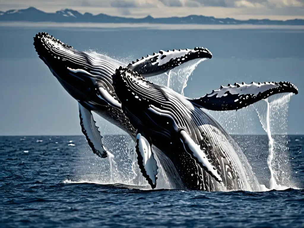 Un pod de majestuosas ballenas jorobadas se eleva graciosamente sobre la superficie del océano, con gotas de agua suspendidas en el aire y el reflejo del sol en sus elegantes y oscuros cuerpos