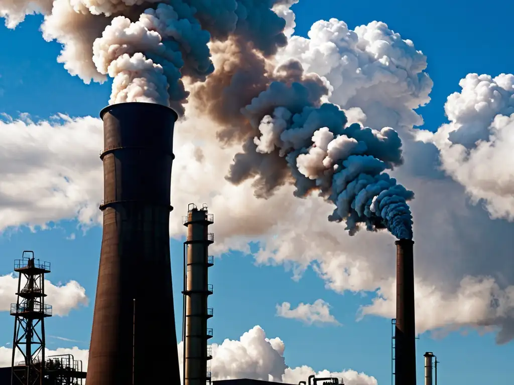 Una poderosa imagen de una chimenea industrial emitiendo humo denso sobre un cielo azul, simbolizando la intersección entre legislación ambiental y desarrollo industrial sostenible