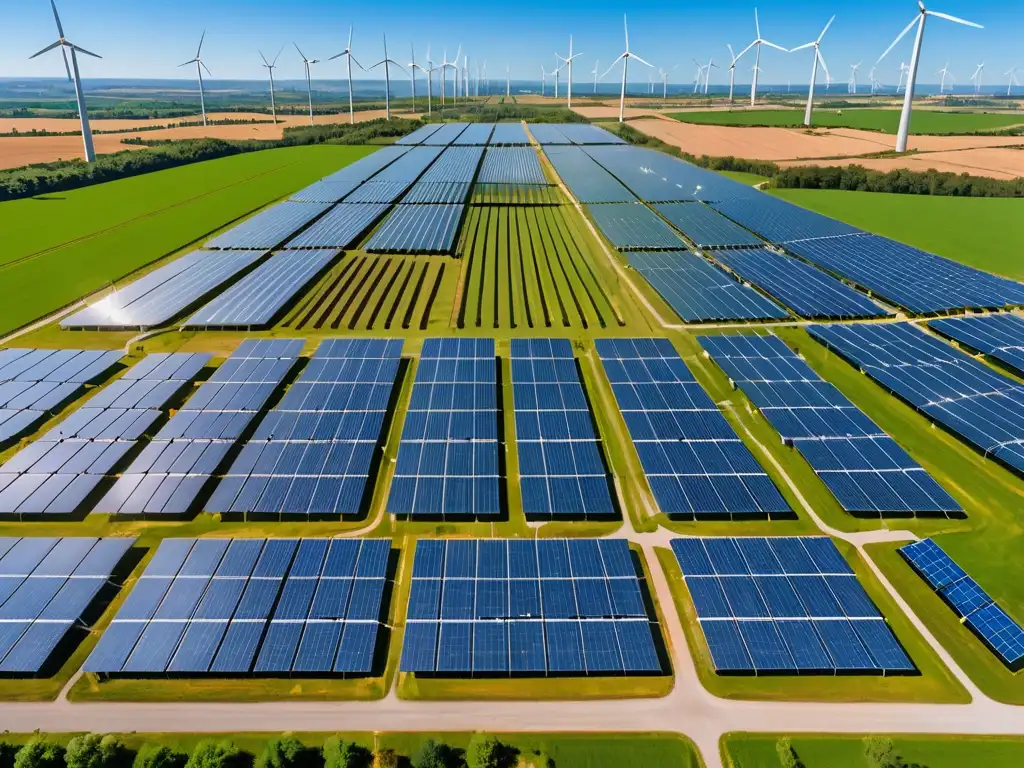 Un poderoso paisaje de una planta de energía sostenible con paneles solares relucientes, molinos de viento girando a lo lejos y líneas de transmisión que se extienden por el paisaje