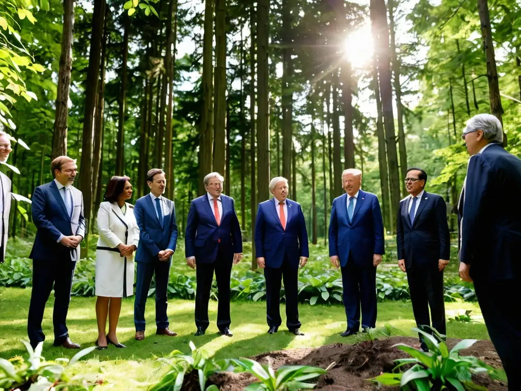 Políticas del G7 y G20 en la Lucha Ambiental: Líderes mundiales en discusión rodeados de naturaleza exuberante, transmitiendo urgencia y determinación