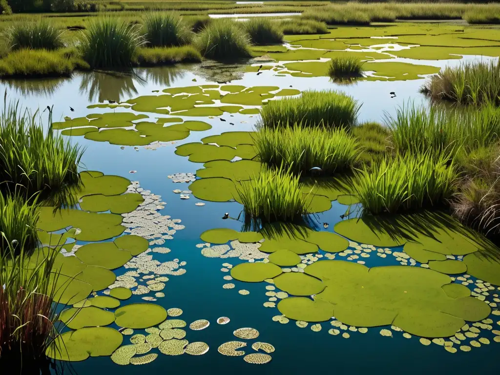 Preservación de humedales en convención Ramsar: Fotografía de alta resolución de un diverso ecosistema de humedales, con vegetación exuberante y aves en su hábitat natural