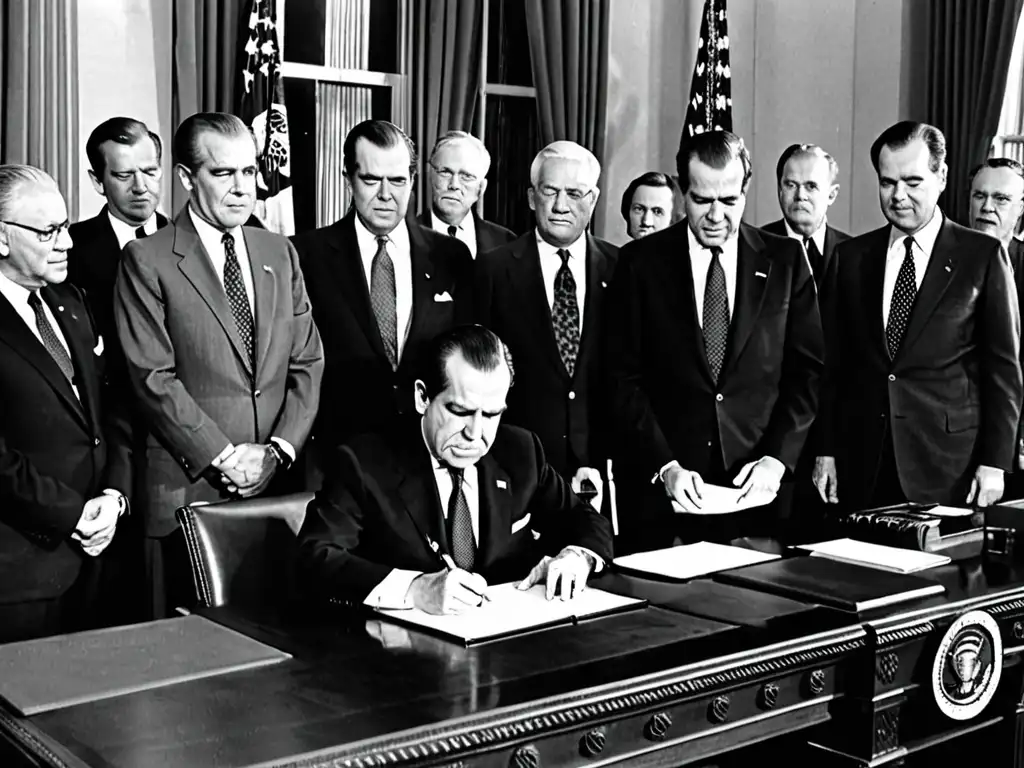 Presidente Richard Nixon firma la Ley del Aire Limpio de 1970, legislación ambiental América del Norte, en una histórica imagen en blanco y negro