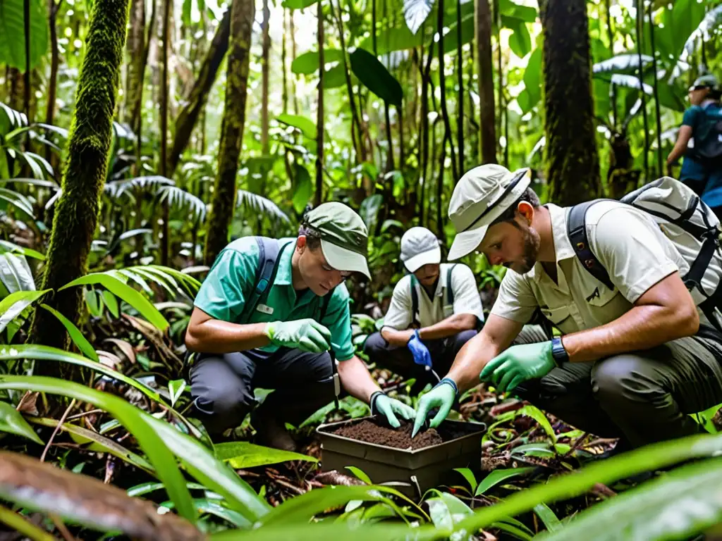Profesionales de gestión ambiental realizan estudio de campo en la exuberante selva, mostrando dedicación y tecnología