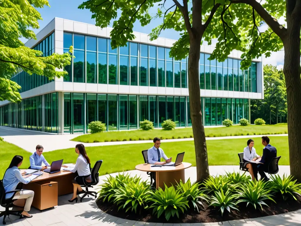 Profesionales realizando auditorías ambientales corporativas en un edificio de oficinas, integrando la legislación ambiental