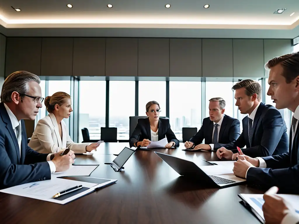 Profesionales debaten contratos en sala moderna, reflejando riesgo legal inversiones tecnología limpia