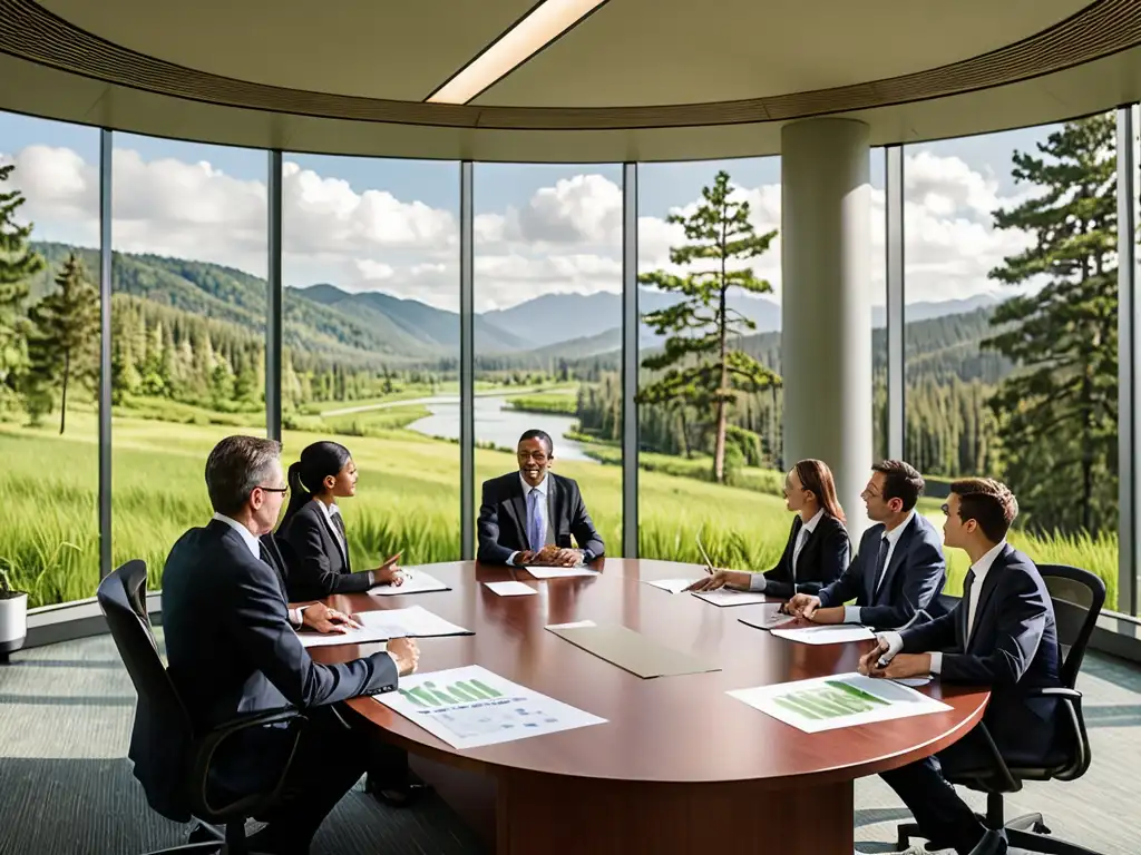 Profesionales corporativos discuten sobre prevención de conflictos legales ambientales en una sala de reuniones con vista a un paisaje verde