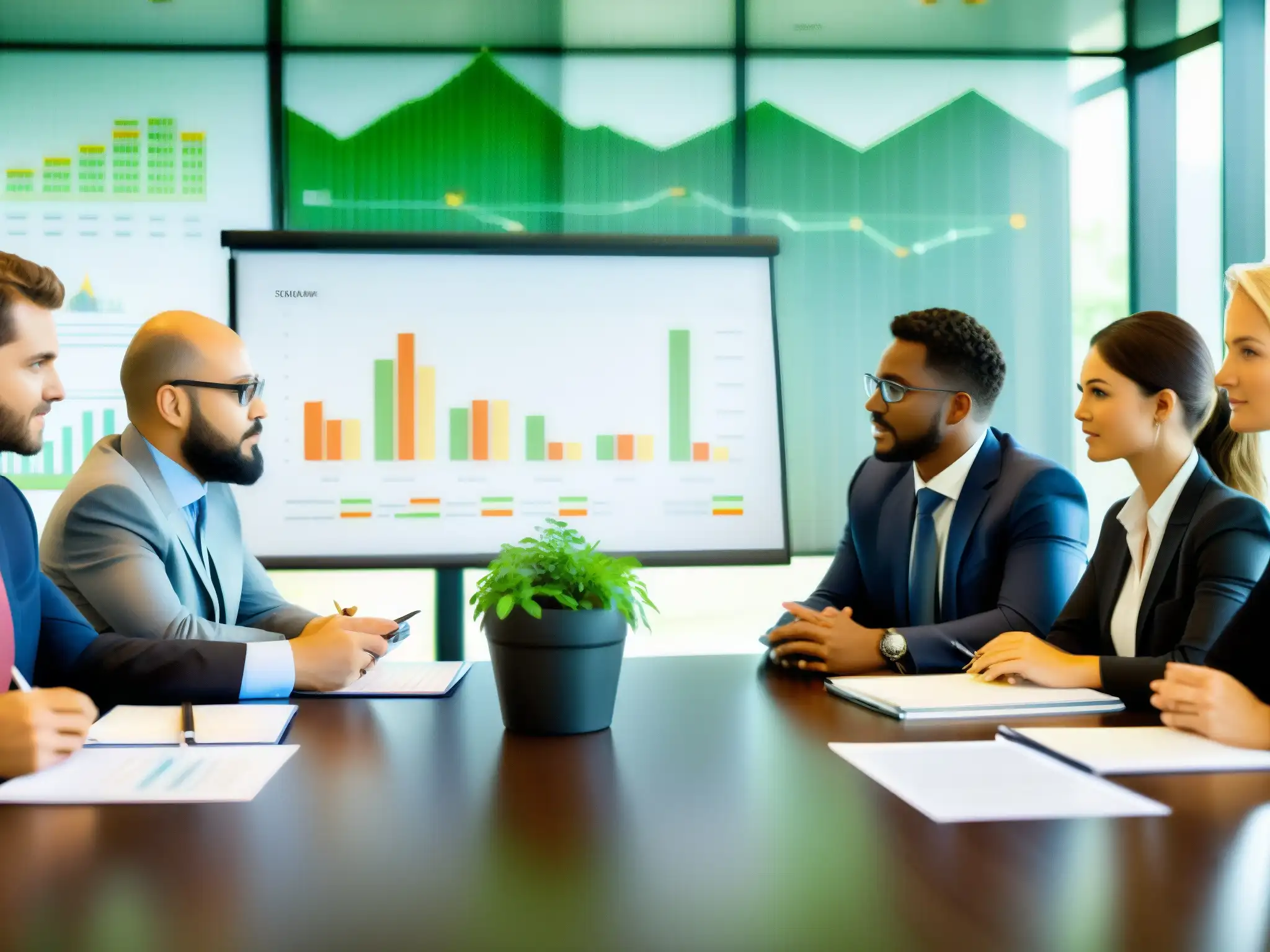 Profesionales corporativos discuten regulaciones ambientales y prácticas empresariales sostenibles en una sala iluminada naturalmente