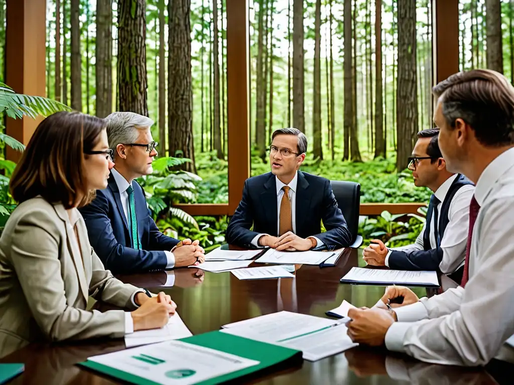 Profesionales del derecho ambiental para inversiones corporativas discuten estrategias en una sala con vista a un exuberante bosque