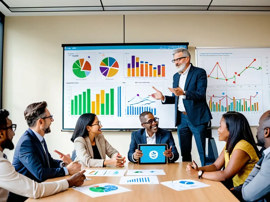 Profesionales diversificados discuten estrategias para emprendimiento sostenible en una sala iluminada con gráficos