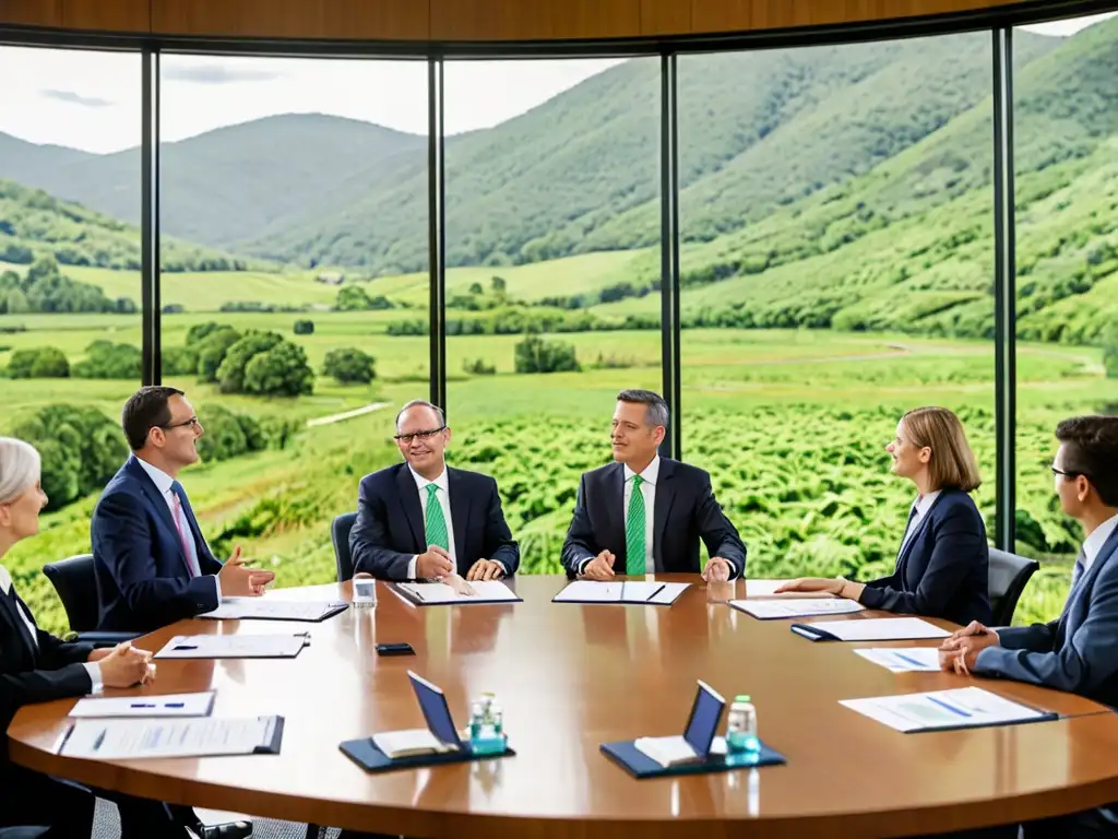 Profesionales diversificados discuten integración de Derecho ambiental para inversiones corporativas, en sala con ventana panorámica