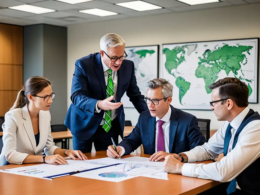 Profesionales discuten documentos legales y planos técnicos en oficina moderna, superando barreras legales para oportunidades en energía geotérmica