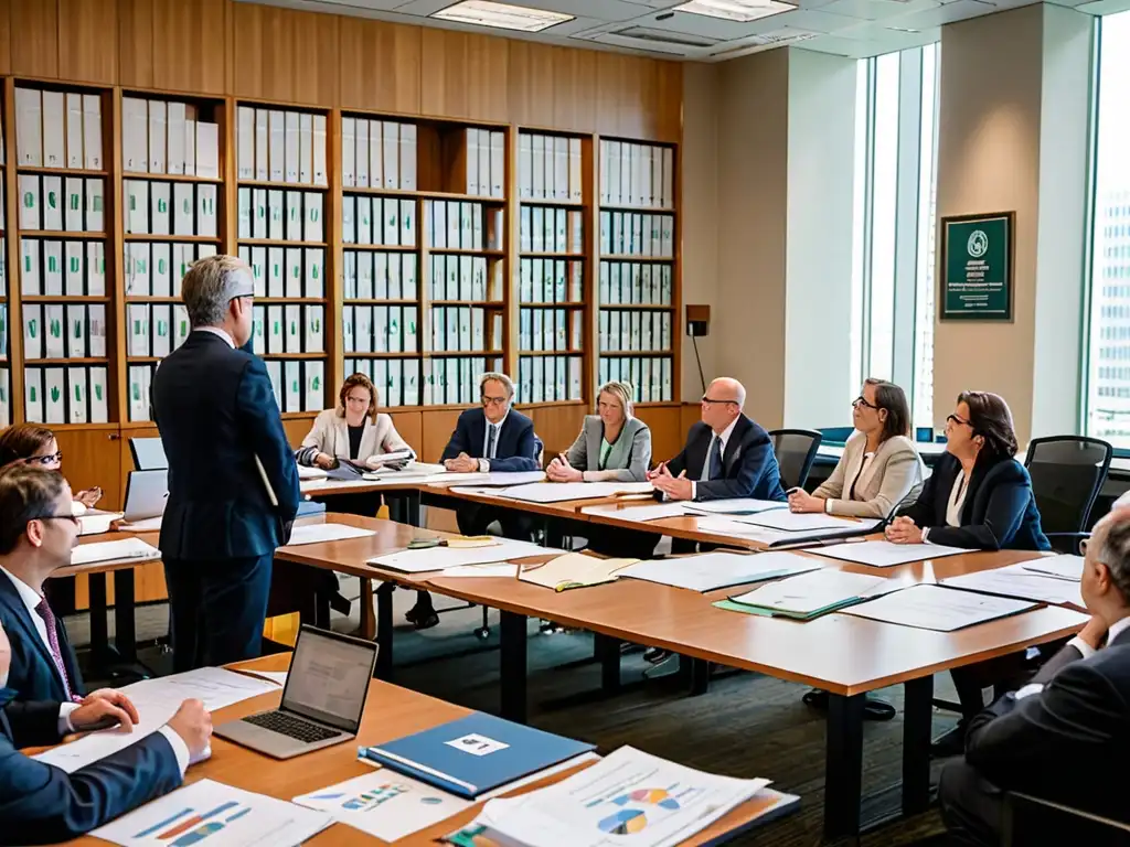 Profesionales en un edificio gubernamental moderno discuten políticas públicas de sostenibilidad, rodeados de documentos legales y gráficos